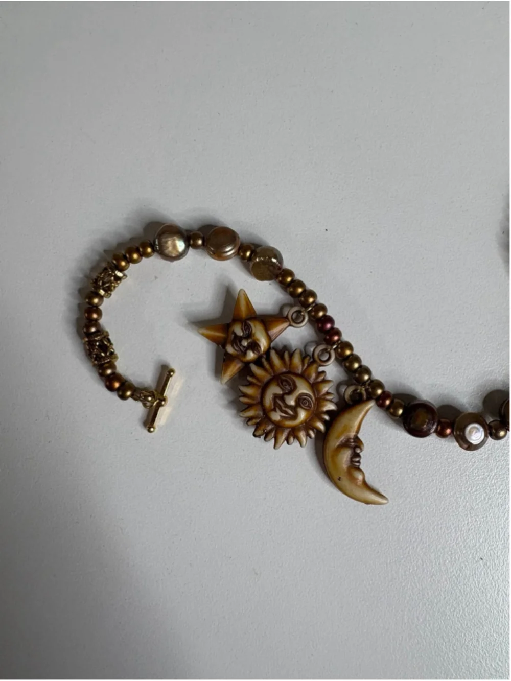 Handmade Sun Moon Star Beaded Clasp Bracelet 7.5” Earth Tones